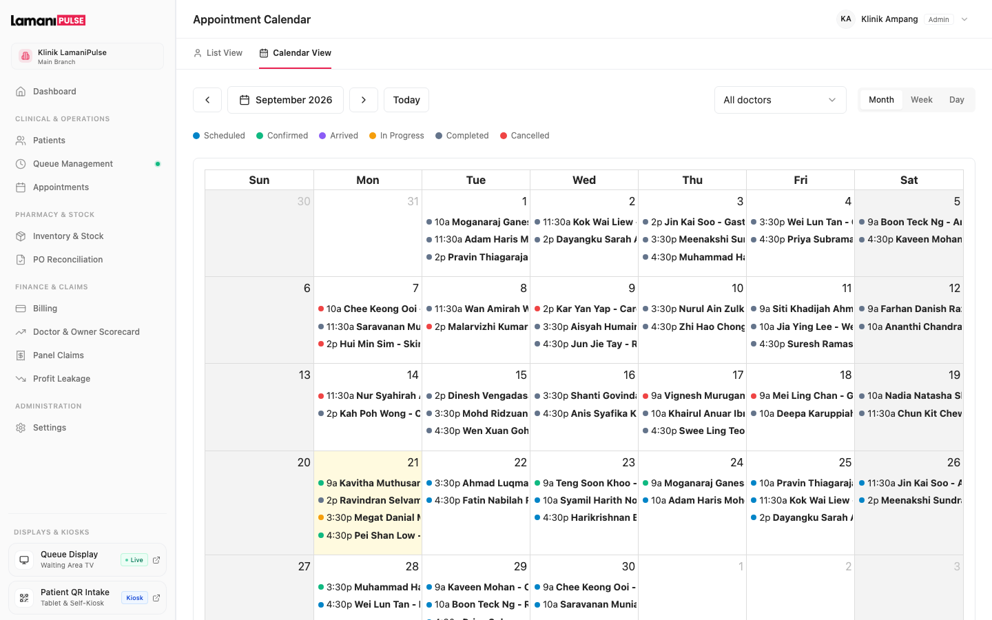 LamaniPulse Appointments Calendar Multi-Doctor Planning Grid
