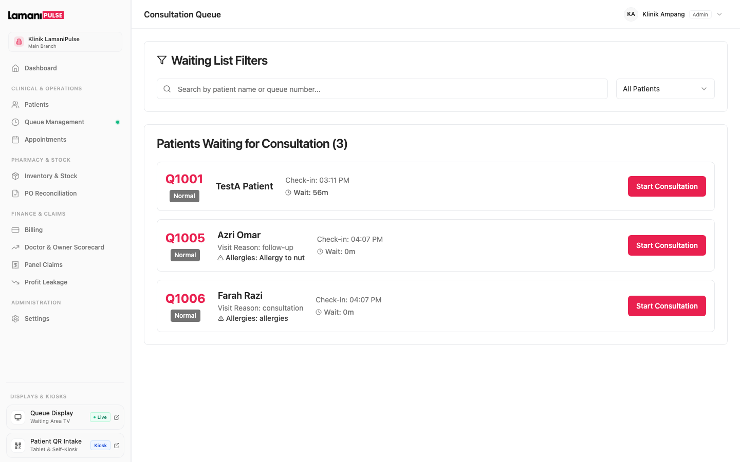 LamaniPulse Doctor Consultation Waiting List and Queue Triage