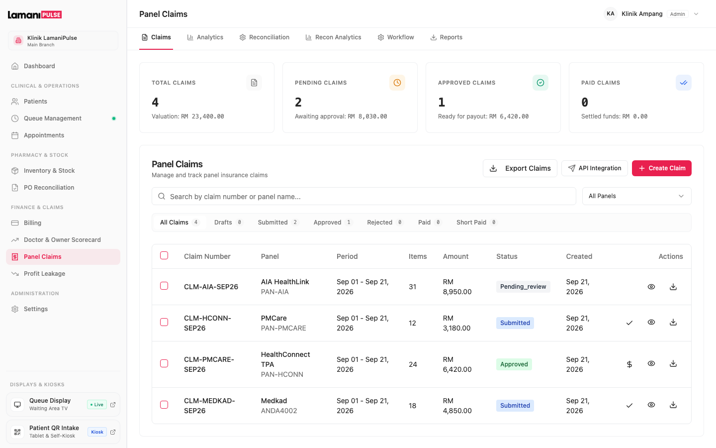 LHDN MyInvois E-Invoicing and Panel Claim System Malaysia — Corporate TPA Dashboard