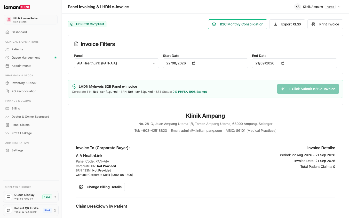 Clinic SST calculation and corporate panel invoice generation dashboard
