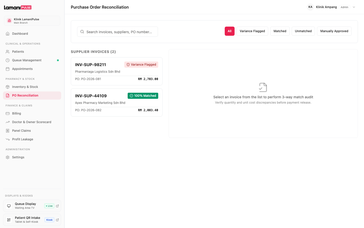LamaniPulse 3-Way Purchase Order and Supplier Invoice Reconciliation